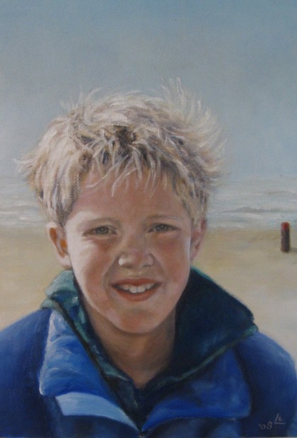 jongen aan het strand, olieverf 30 x 40 cm