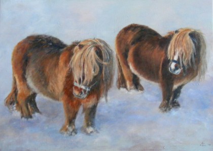 2 pony's in de sneeuw, olieverf 50 x 70 cm