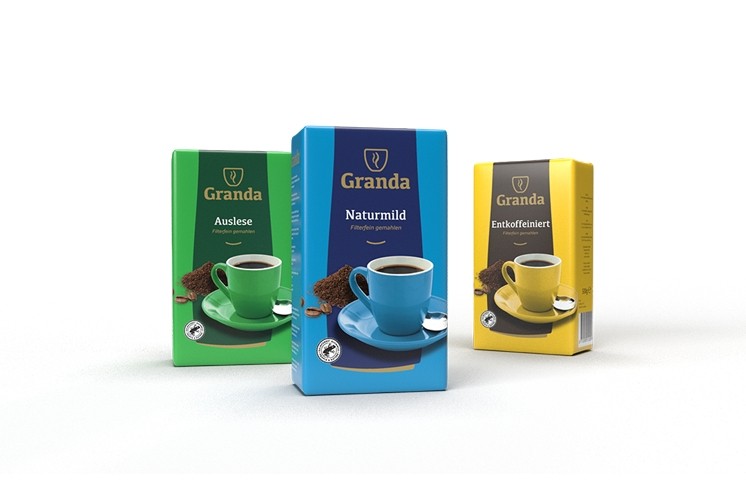 Verpakkingsontwerp en visualisatie voor de Granda 500 gram gemalen koffie