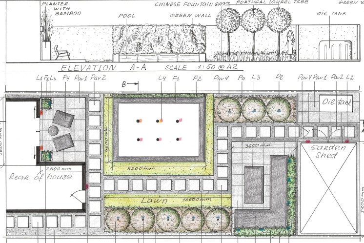Een tekening van een moderne tuin.