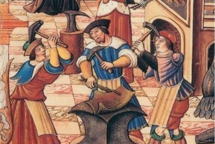 Schilderij met daarop middeleeuwse ambachtslieden.