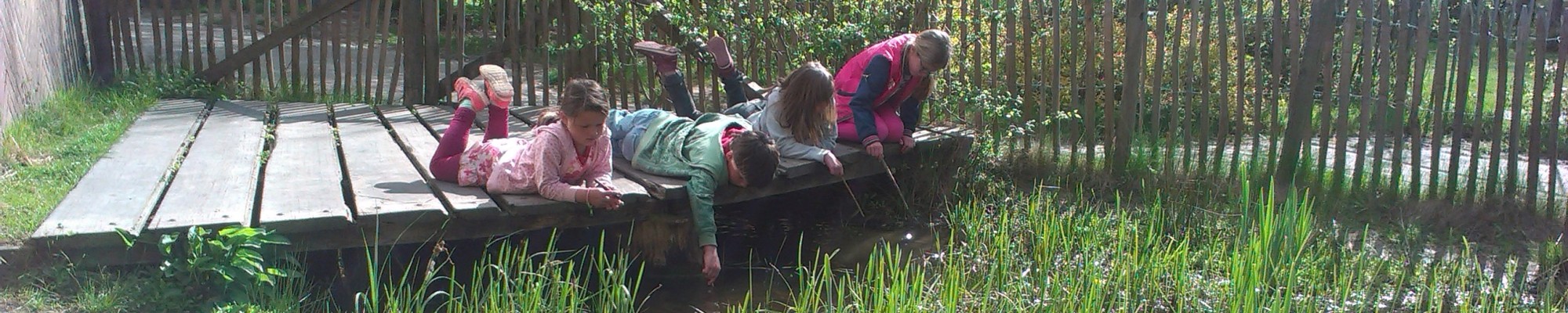 Jonge kinderen spelend met een takje liggend op hun buik.