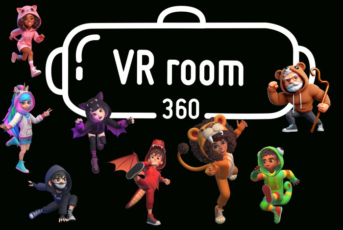 Logo vr room 360 met game karakters
