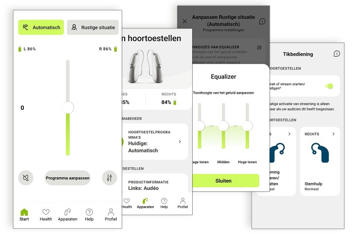 Afbeelding met screenshots van myPhonak app