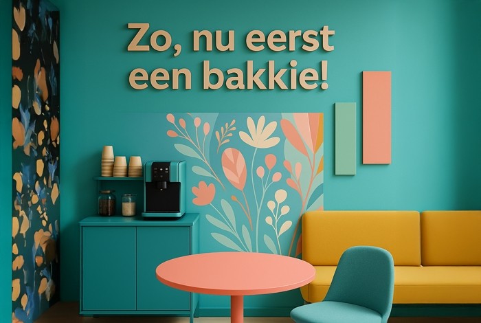 koffiecorner fraai aangekleed met tekst 'Zo, nu eerst een bakkie'