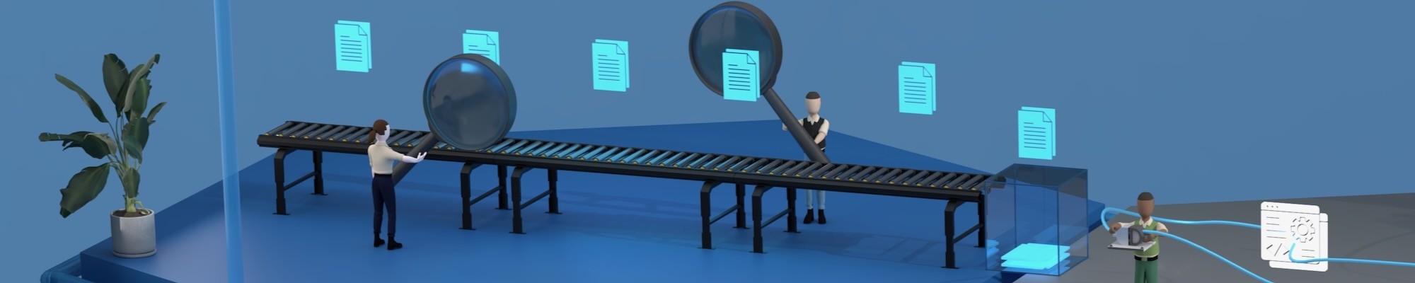 Figuren inspecteren met vergrootglazen documenten die voorbijkomen op een lopende band