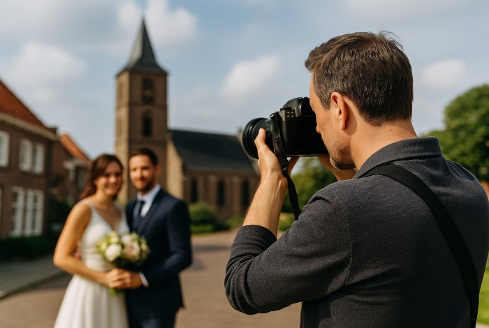 Lokale fotograaf maakt foto van een bruidspaar voor een kerk in een dorp