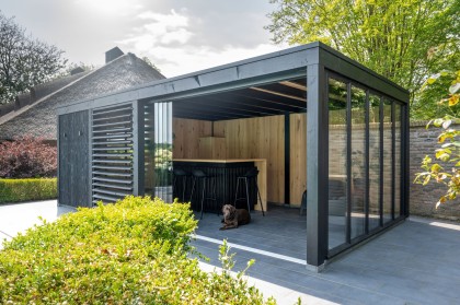 zwarte overkapping met glas