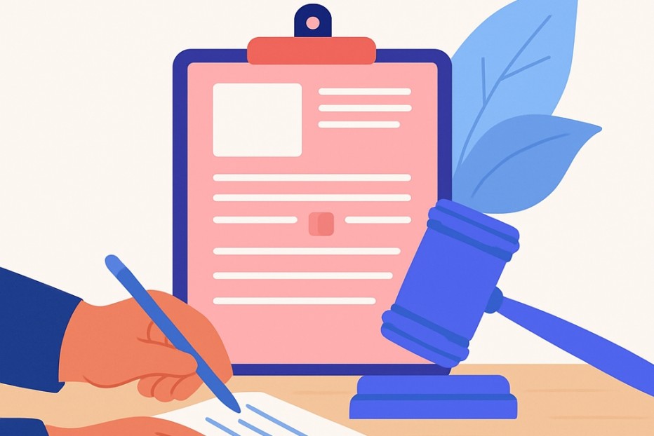 Clipboard met een hamer ervoor en een hand die schrijft op papier