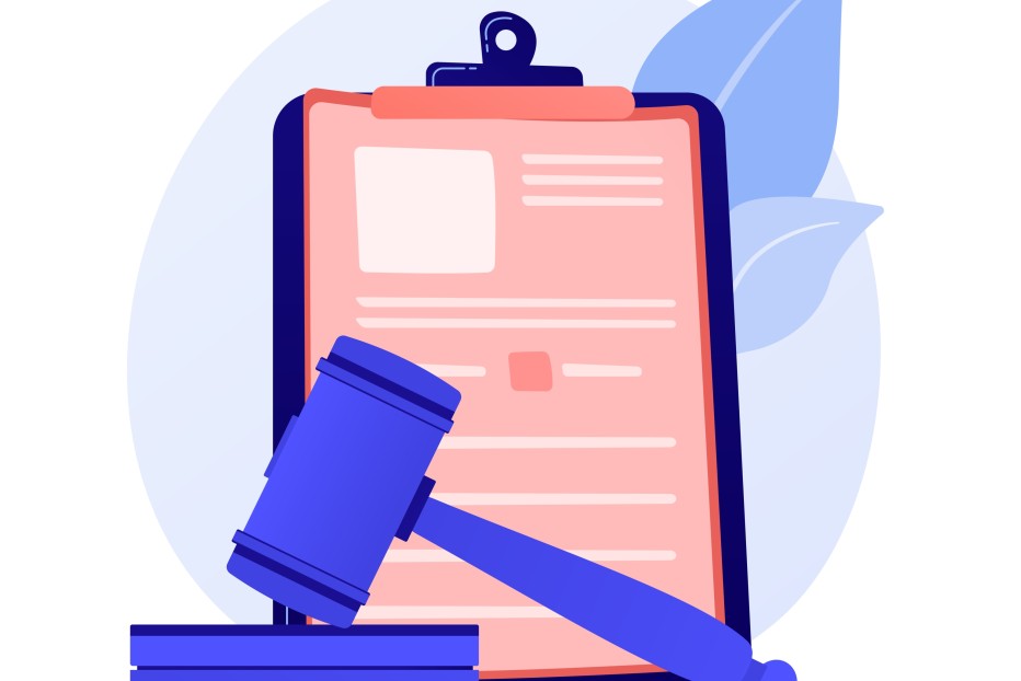 Clipboard met een rechtbank hamer ervoor