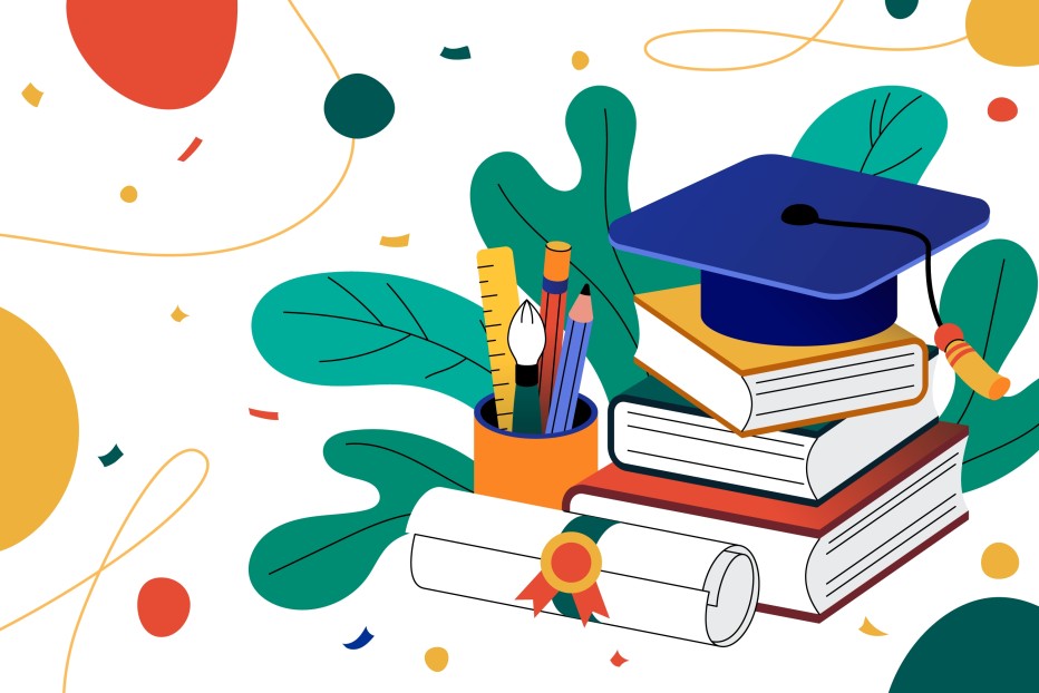 Illustratie van boeken opgestapeld met pennen ernaast