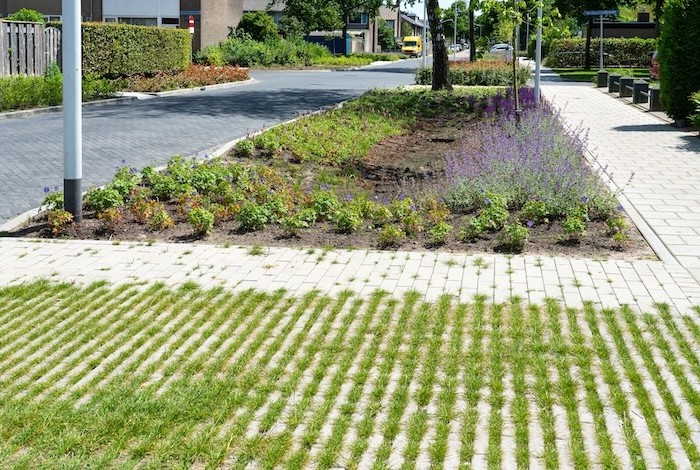 doorlatende bestrating en groene borders